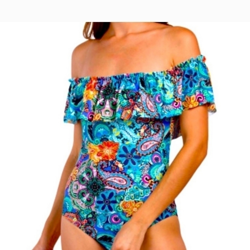 Bleu Rod Beattie Mali it Pop One Piece Floral Ruffle Off the Shoulder Swimsuit